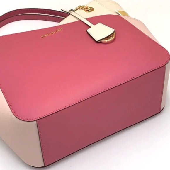 NWT Michael Kors Jet Set Leather Shoulder Bag Tote Pink Gold Chain Ivory Blush - Picture 12 of 16